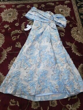NWT Gracins Blue & Gold Jacquard One Shoulder Formal Gown A-Line Maxi Dress